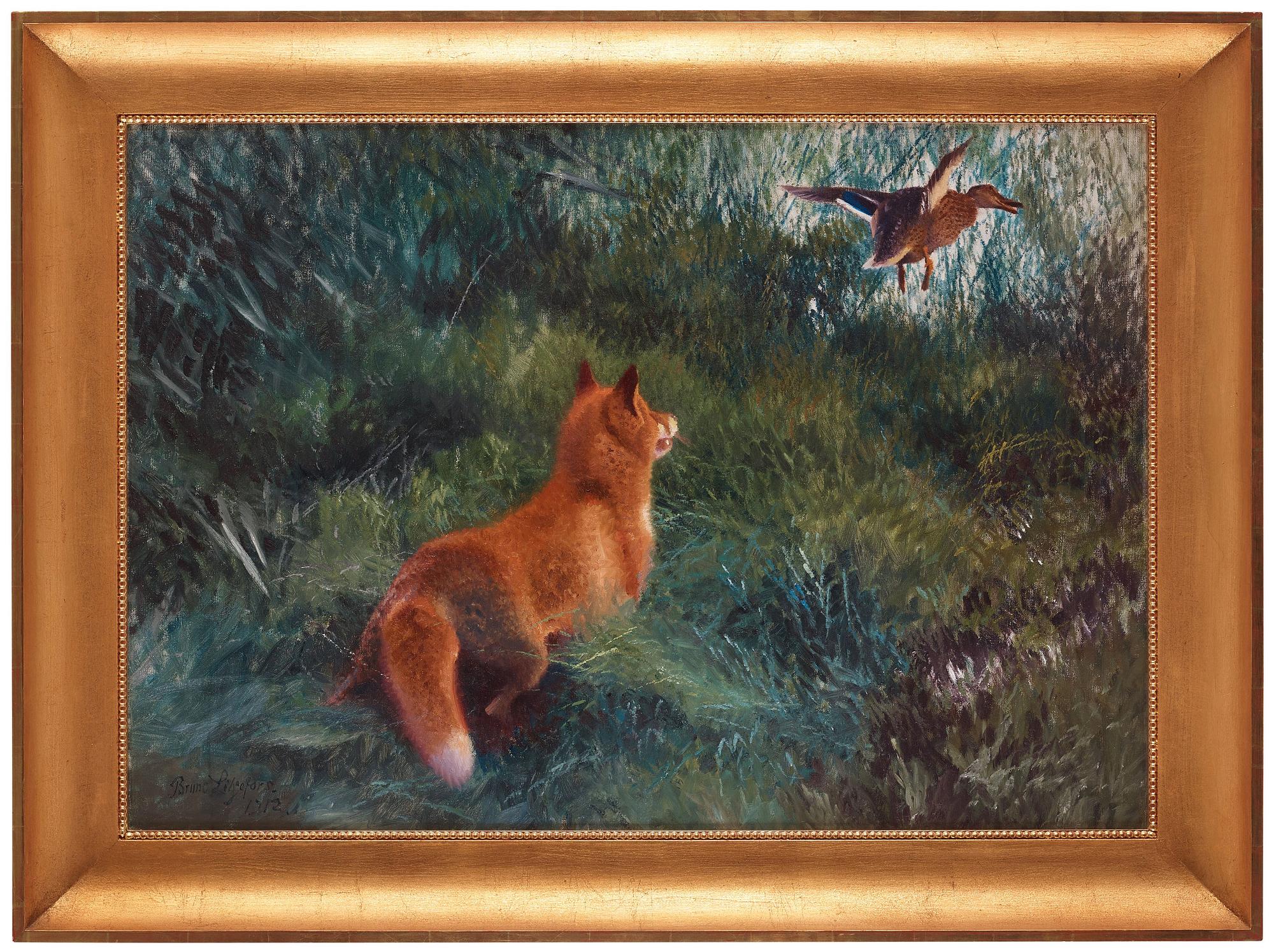 Bruno Liljefors, Fox and lifting mallard.