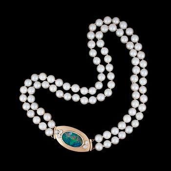 A two strand cultured pearl necklace with opal and brilliant cut diamonds, tot. 0.50 cts.