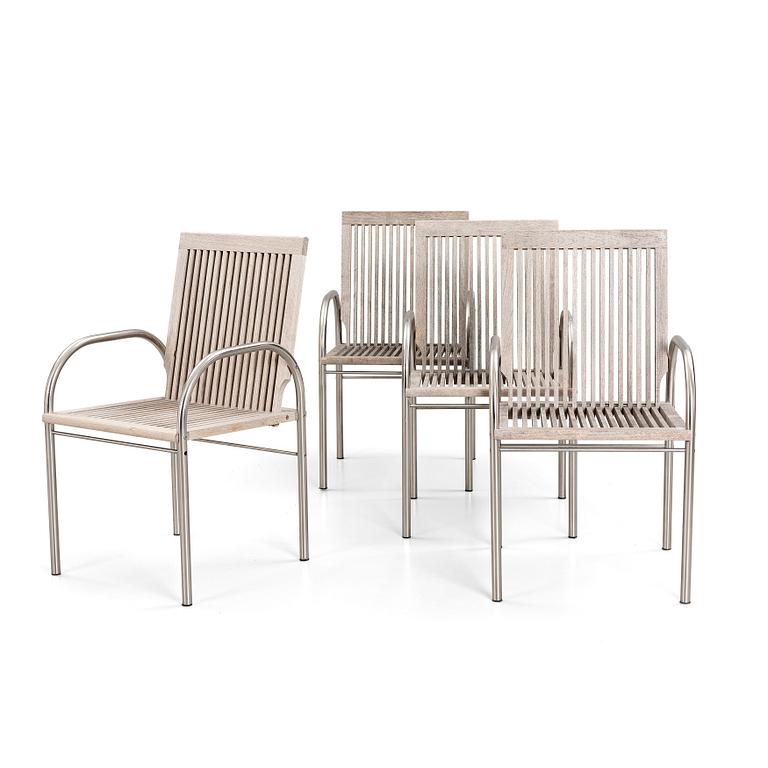 A five pcs teak and stainless steel garden set, a table and four chairs, design Björkåholm for Berga Form, 1990s.