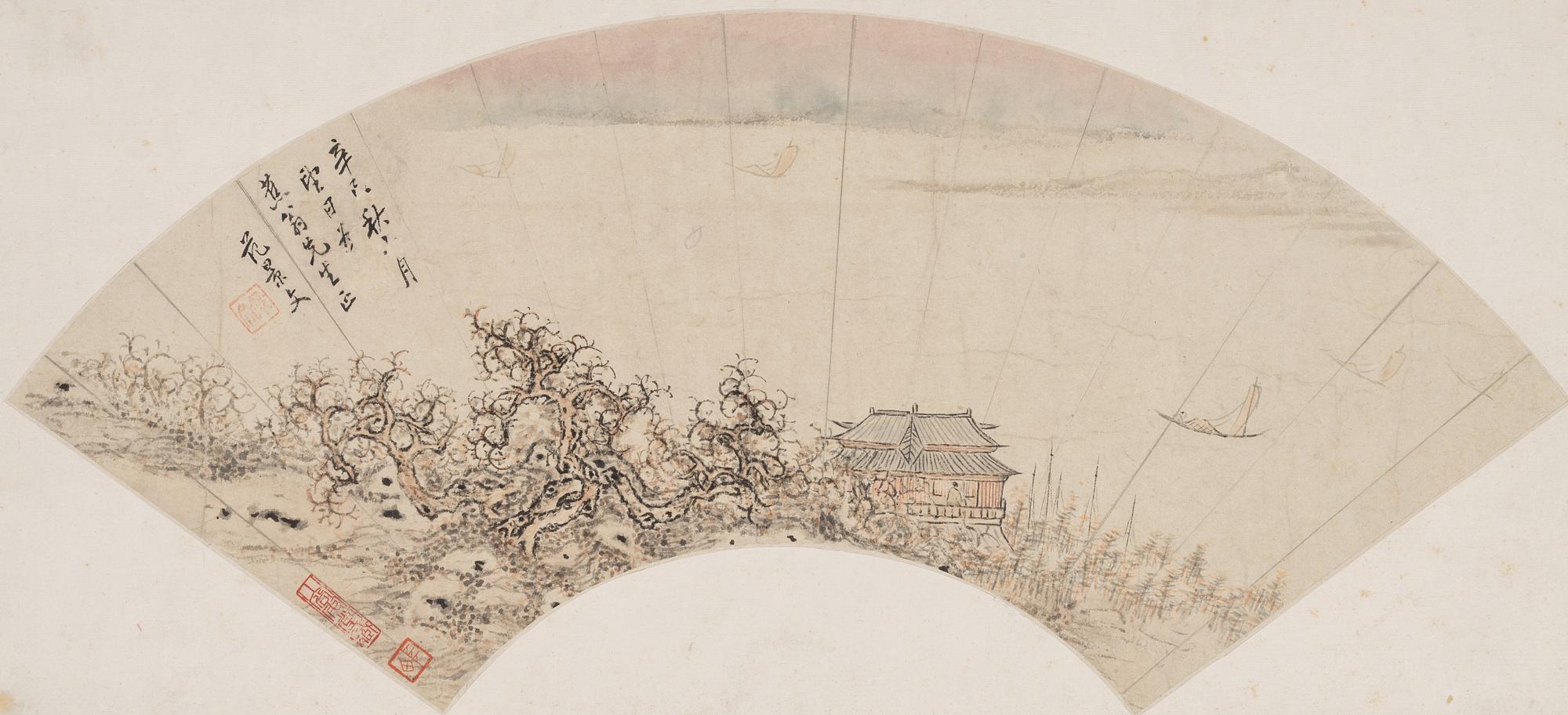 Oidentifierad konstnär, s.k. "Solfjädersmålning", Paviljong i kustlandskap, Kina, 1900-tal.