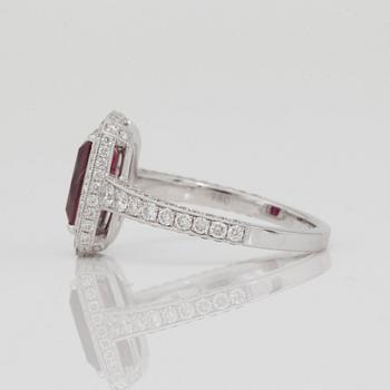 An unheated "pigeon's blood"-red, 1.59ct, ruby and brilliant-cut diamond ring.