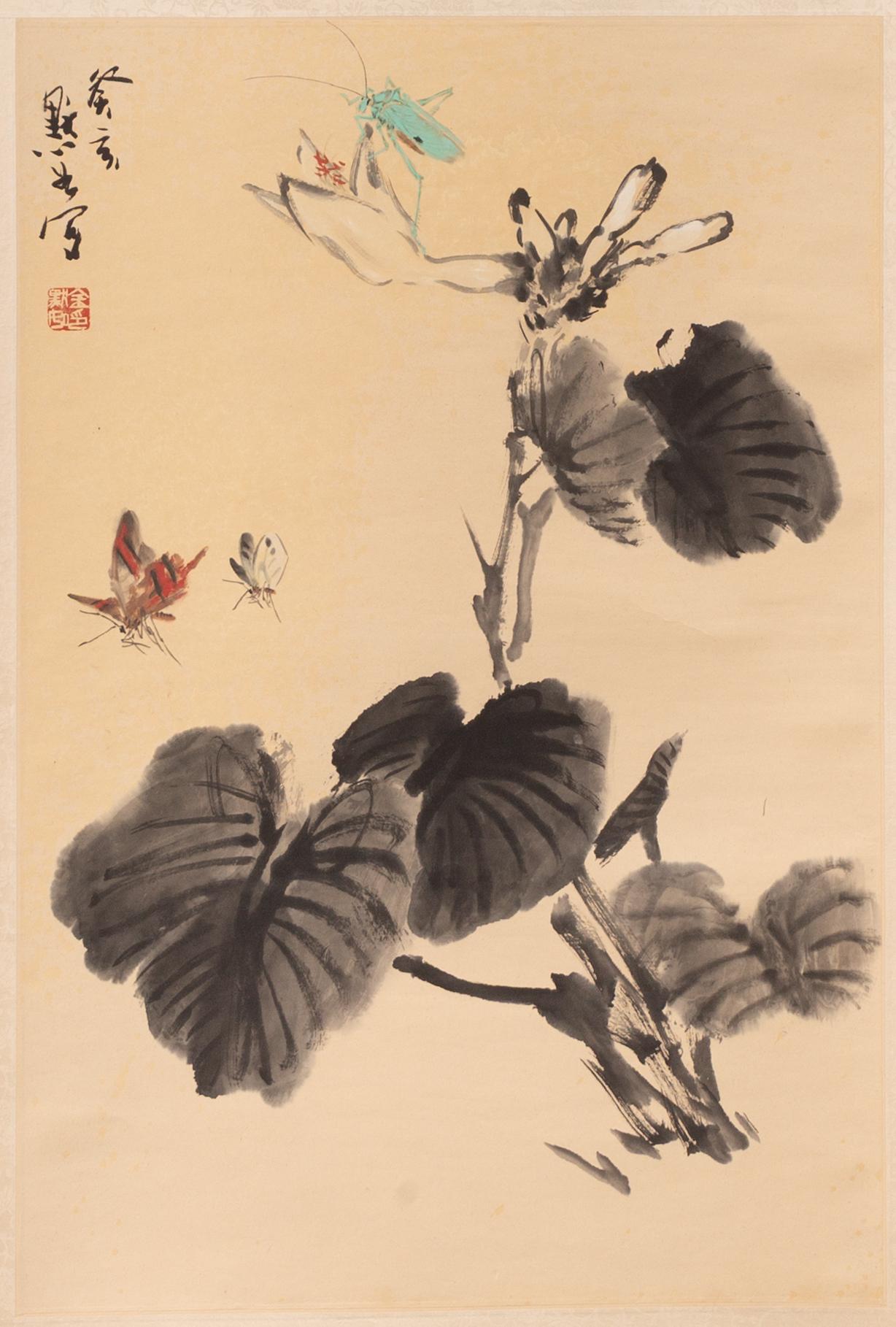 Oidentifierad konstnär, Gräshoppa och fjärilar invid planta.