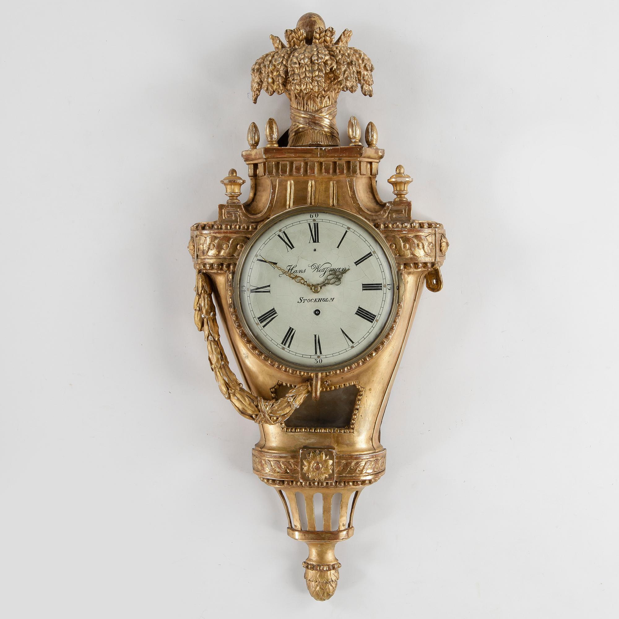 VÄGGPENDYL, gustaviansk, urtavla märkt Hans Wessman, urmakare i Stockholm 1787-1805.