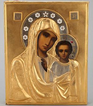 Icon, enamel ornamentation, golden risa, Russia, Moscow, ca 20th Century.