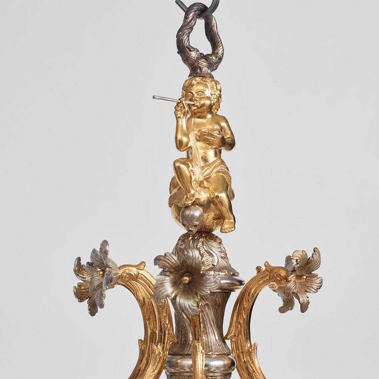 Carl Edberg's Masterpiece, a Swedish rococo silvered and gilt-brass six-light chandelier, circa 1755.