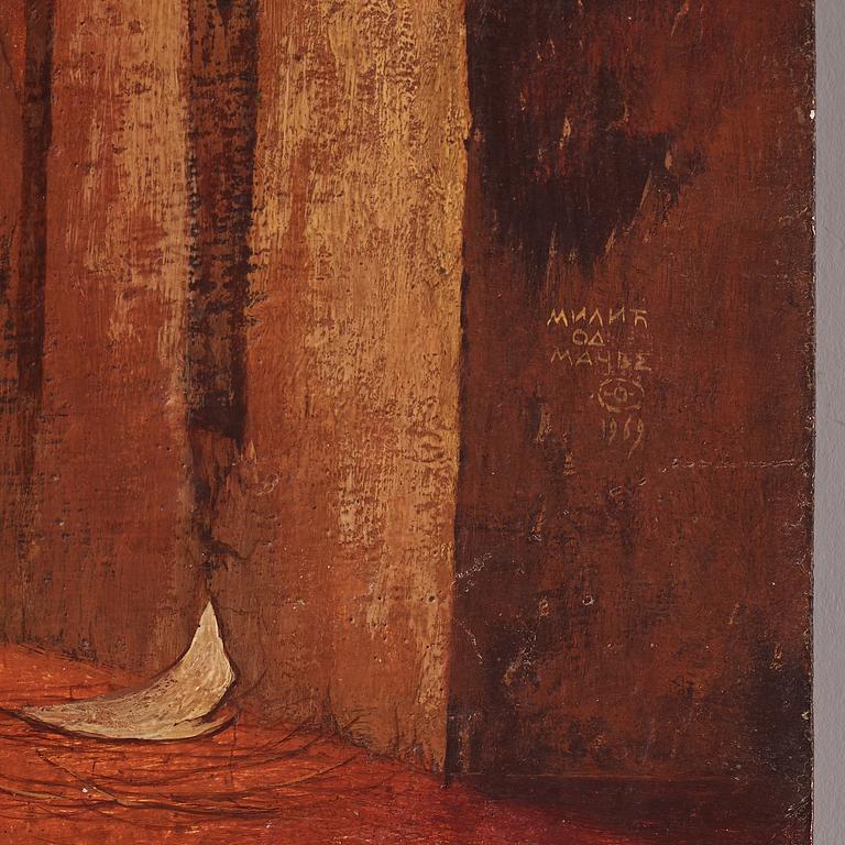 Milić od Mačve, olja på duk lagd på pannå, signerad och daterad 1969, även signerad och daterad 1969 a tergo.