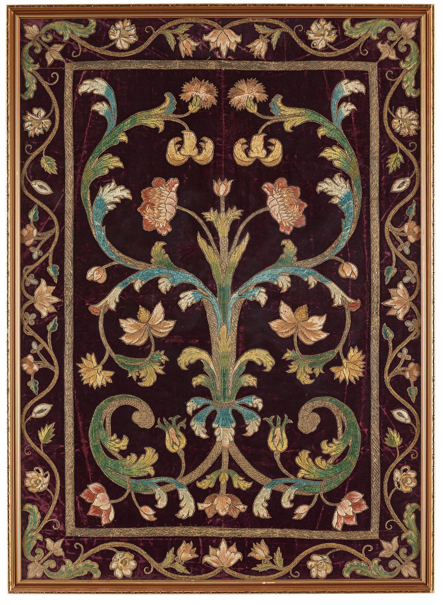 Broderi på sammet, ca 89,5 x 64 cm, sannolikt Italien,  1600-tal-1700-tal.