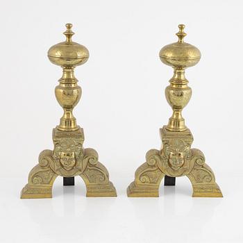 A pair of brass andirons, 20th century.