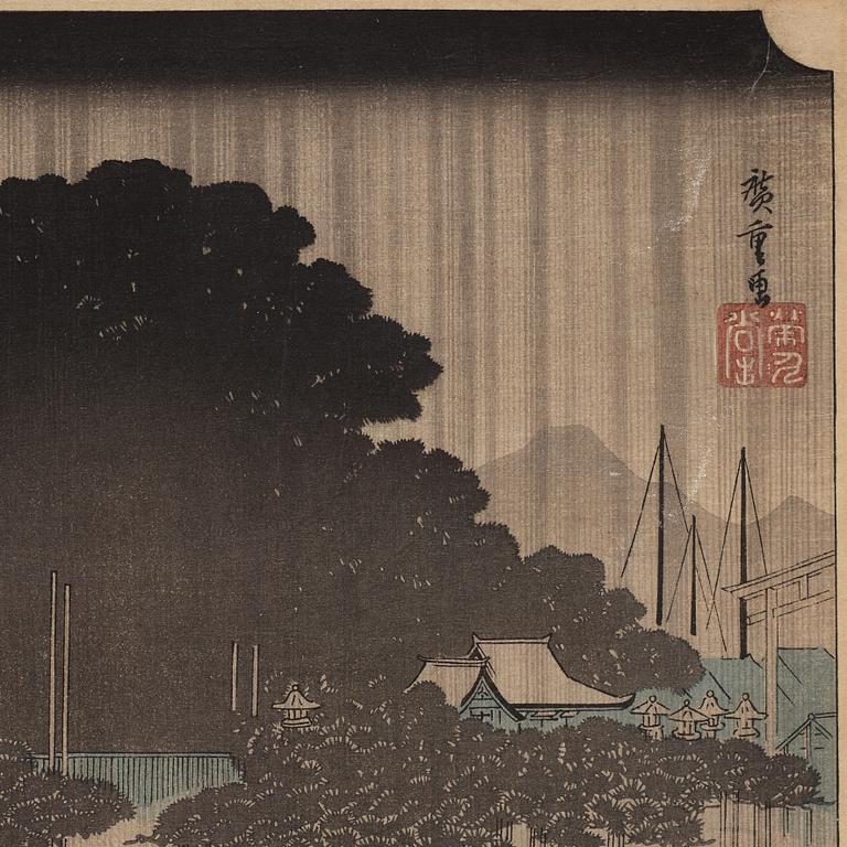 UTAGAWA HIROSHIGE (1797-1858), efter, färgträsnitt. Japan, "Night Rain at Karasaki", sent 1800-tal/tidigt 1900-tal.