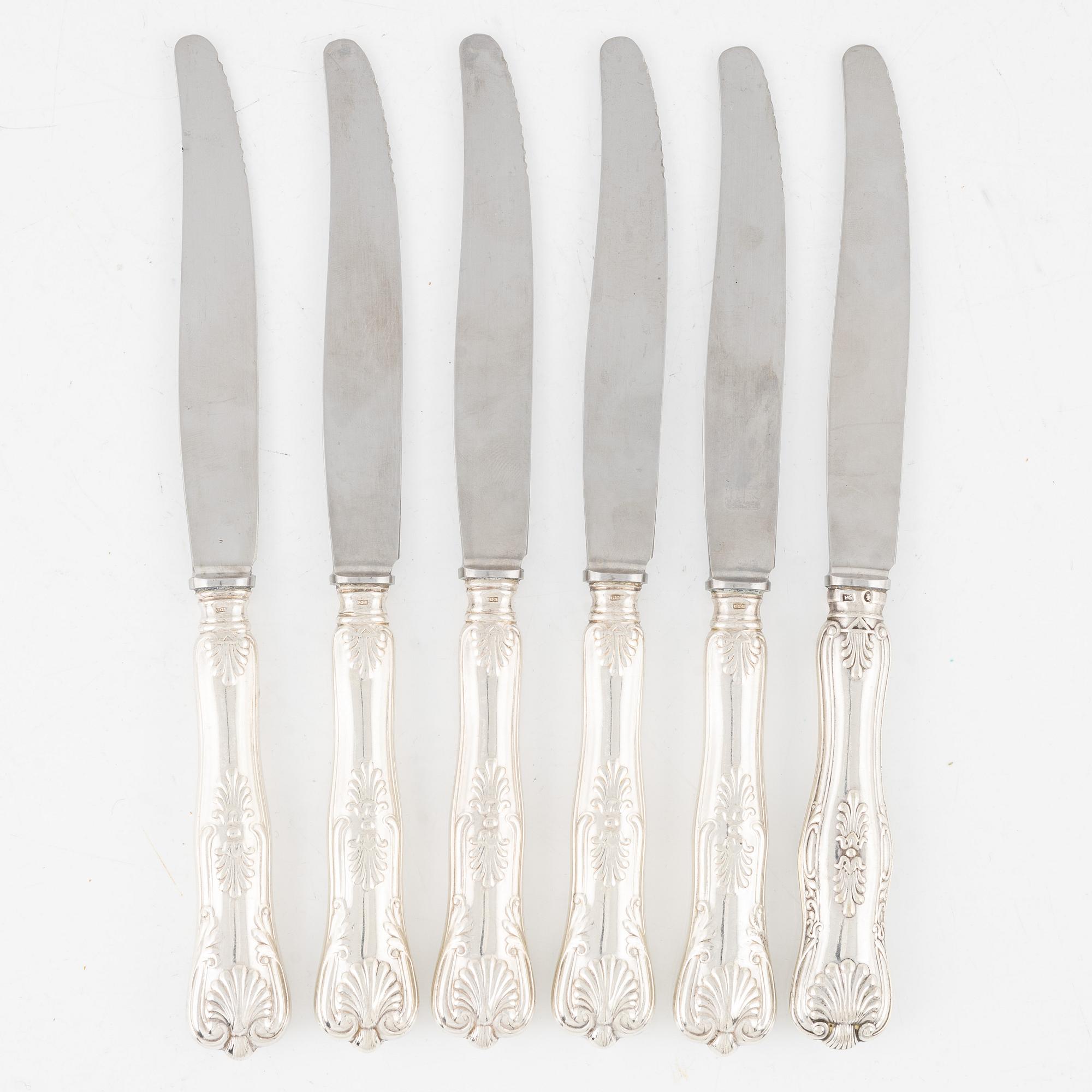Matknivar, 6 st, silver, modell Engelsk snäck, CG Hallberg, Stockholm 1946.
