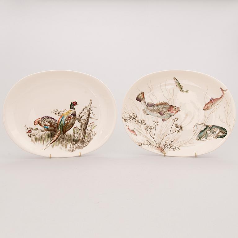 A set of 12 'Fish' dinner plates and two serving dishes, 'Fish' and 'Bird Game', Johnson Brothers, England.