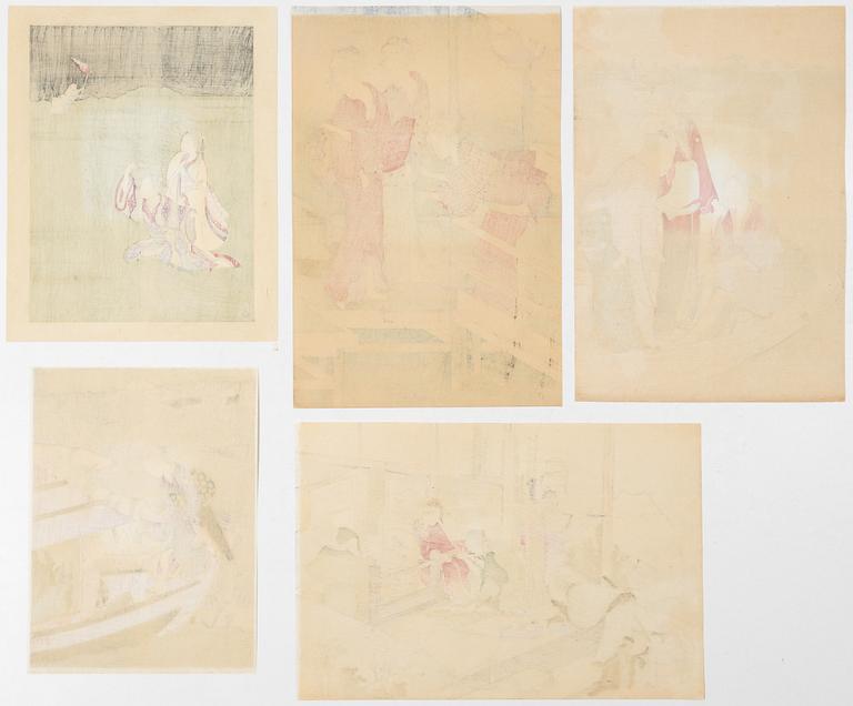 Fem träsnitt ur mapp utgiven av Tokyo Bijutsu Kankokai (Tokyo Art Publishing Association", tidigt 1900-tal.