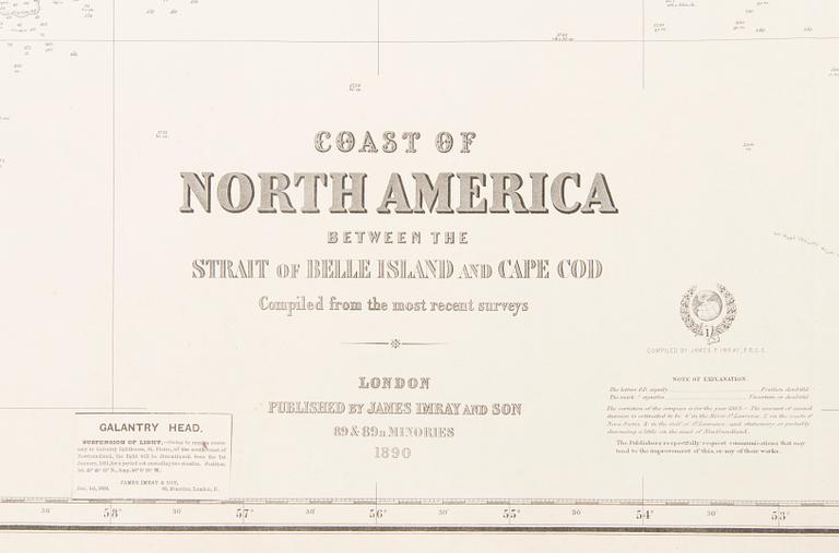 Nautical Chart of the 'Coast of North America between the Strait of Belle Island to Cape Cod', James Imray and Son 1890.
