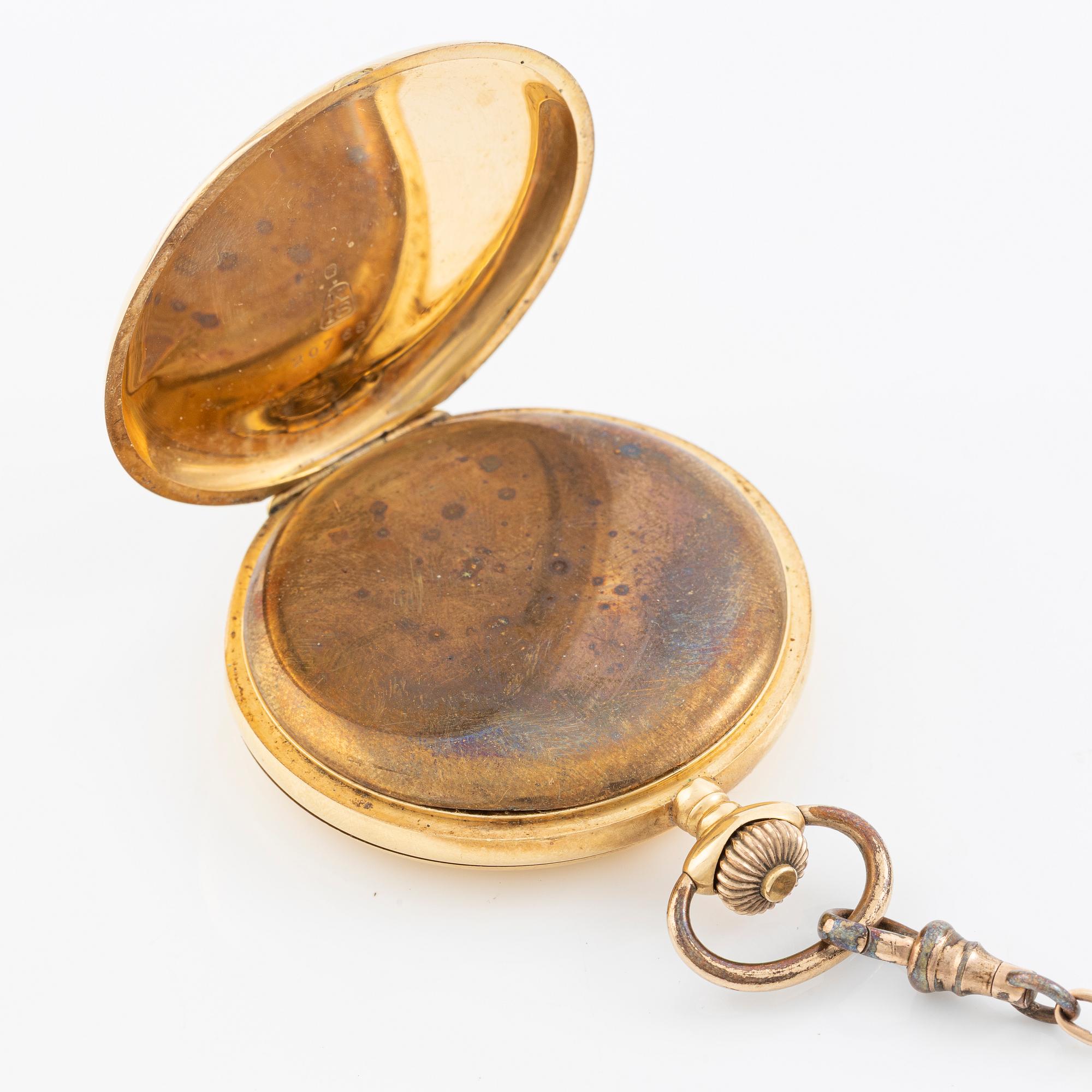 Fickur, 18K guld, med kedja nugget, savonett, 51,5 mm.