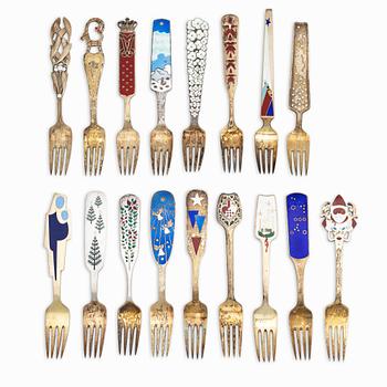 A set of sterling silver and enamel christmas cutlery, Michelsen, Denmark 1940s-1960s (34 pieces).