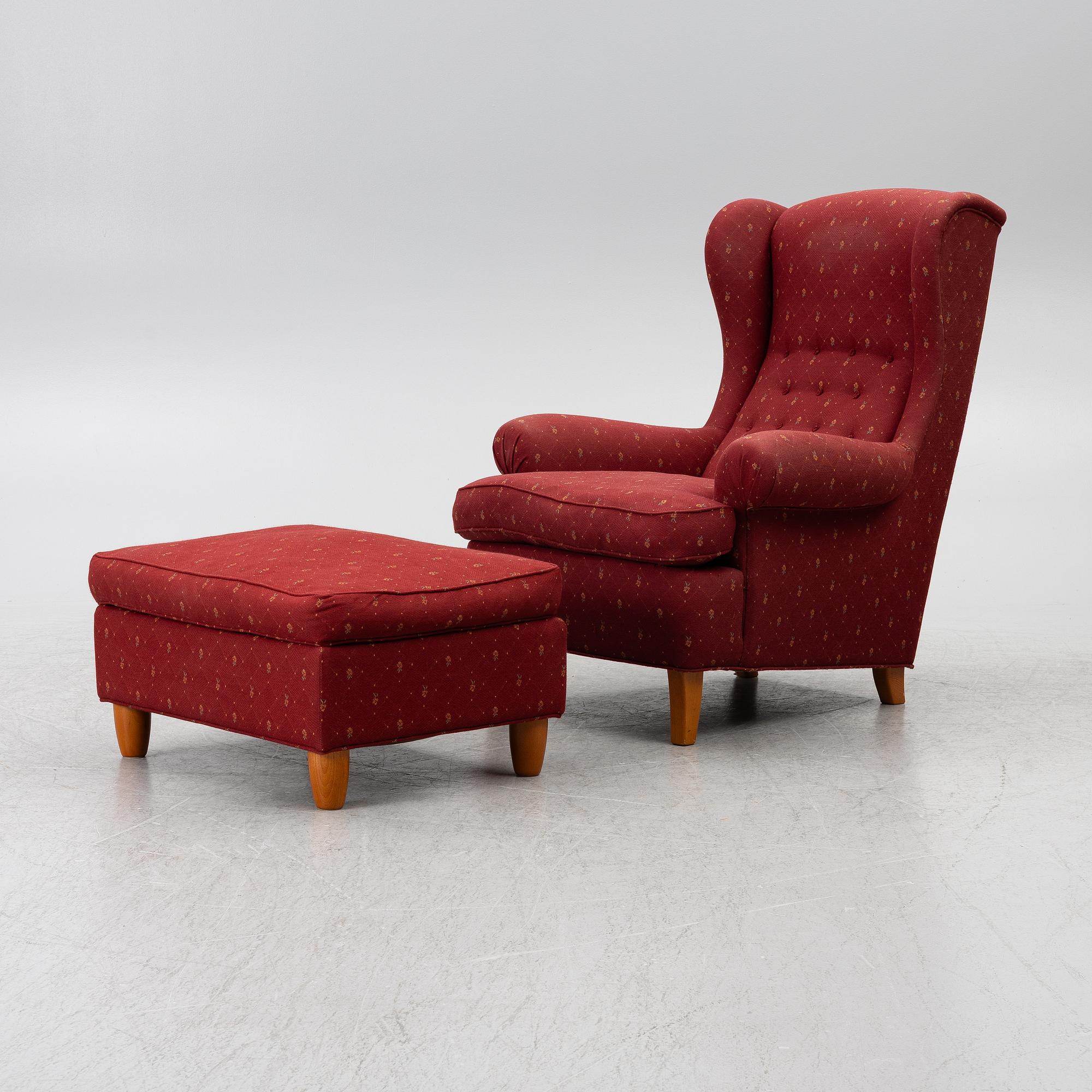 Carl Malmsten, a 'Häggbom' armchair with a 'Jättepaddan' ottoman, AB OH Sjögren, Tranås.