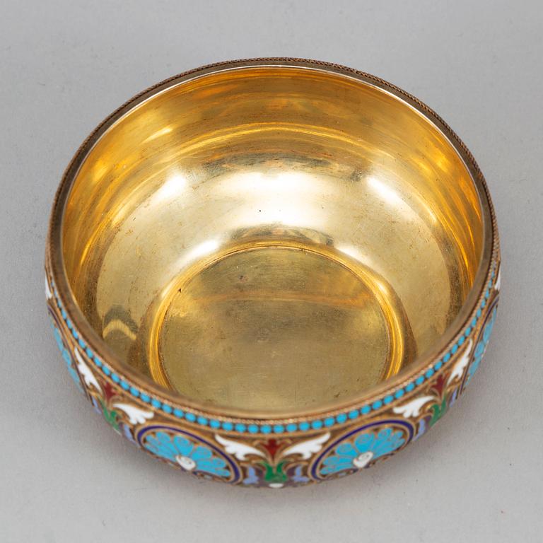 A Russian silver-gilt and cloisonné enamel bowl, mark of Chlebnikov, Moscow 1899-1908.