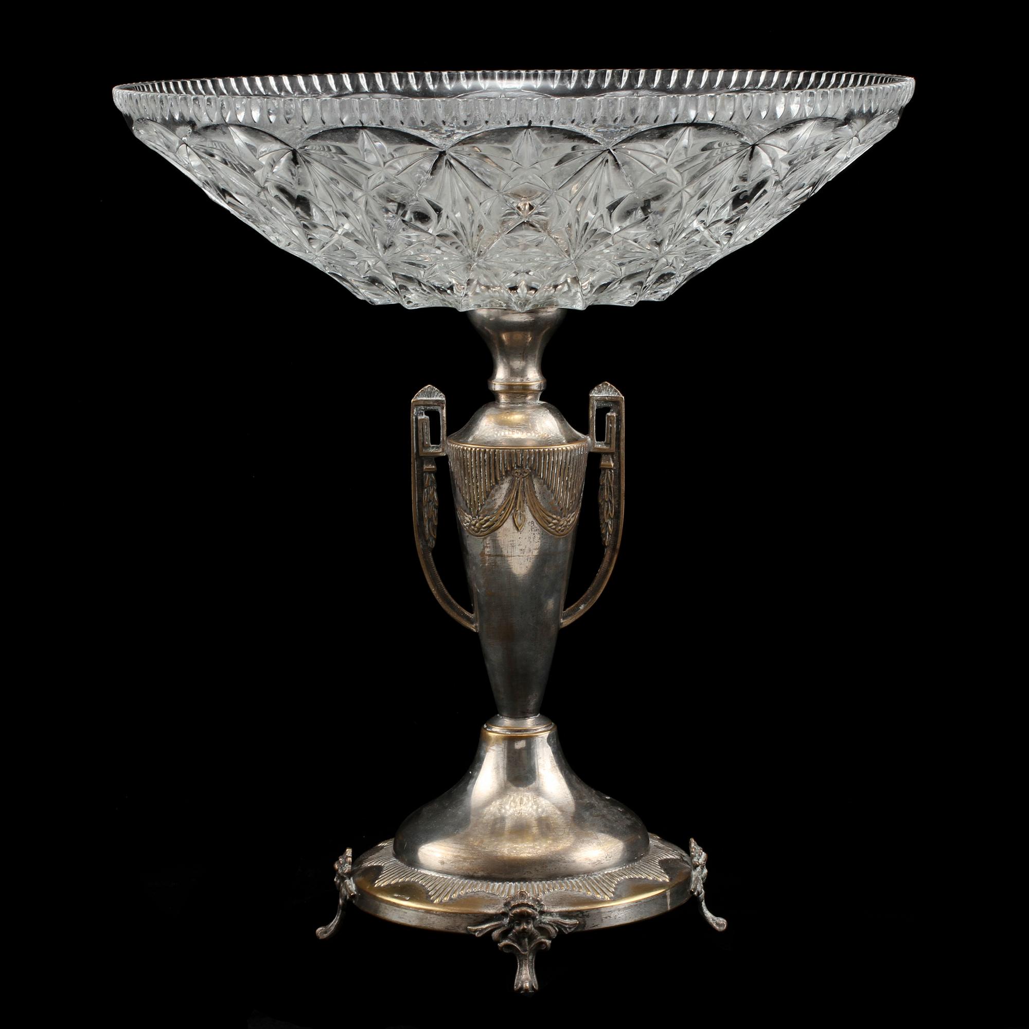 UPPSATSSKÅL, nysilver samt glas, omkring 1900-talets mitt.