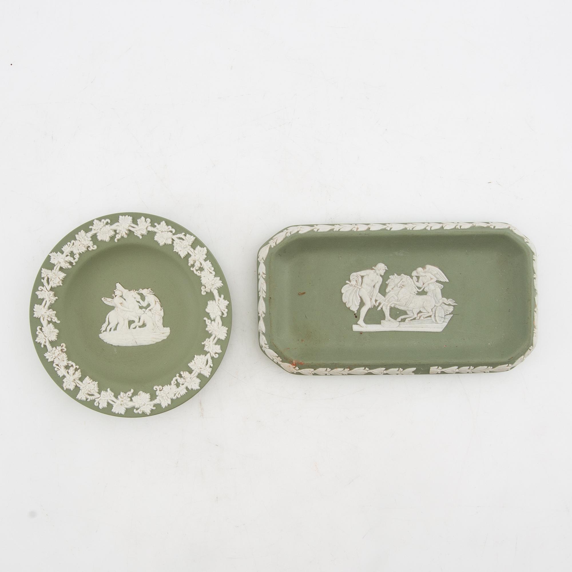 A collection of boxes, plates, and a vase 9 dlr mostly Wedgwood England 20th century jasperware.