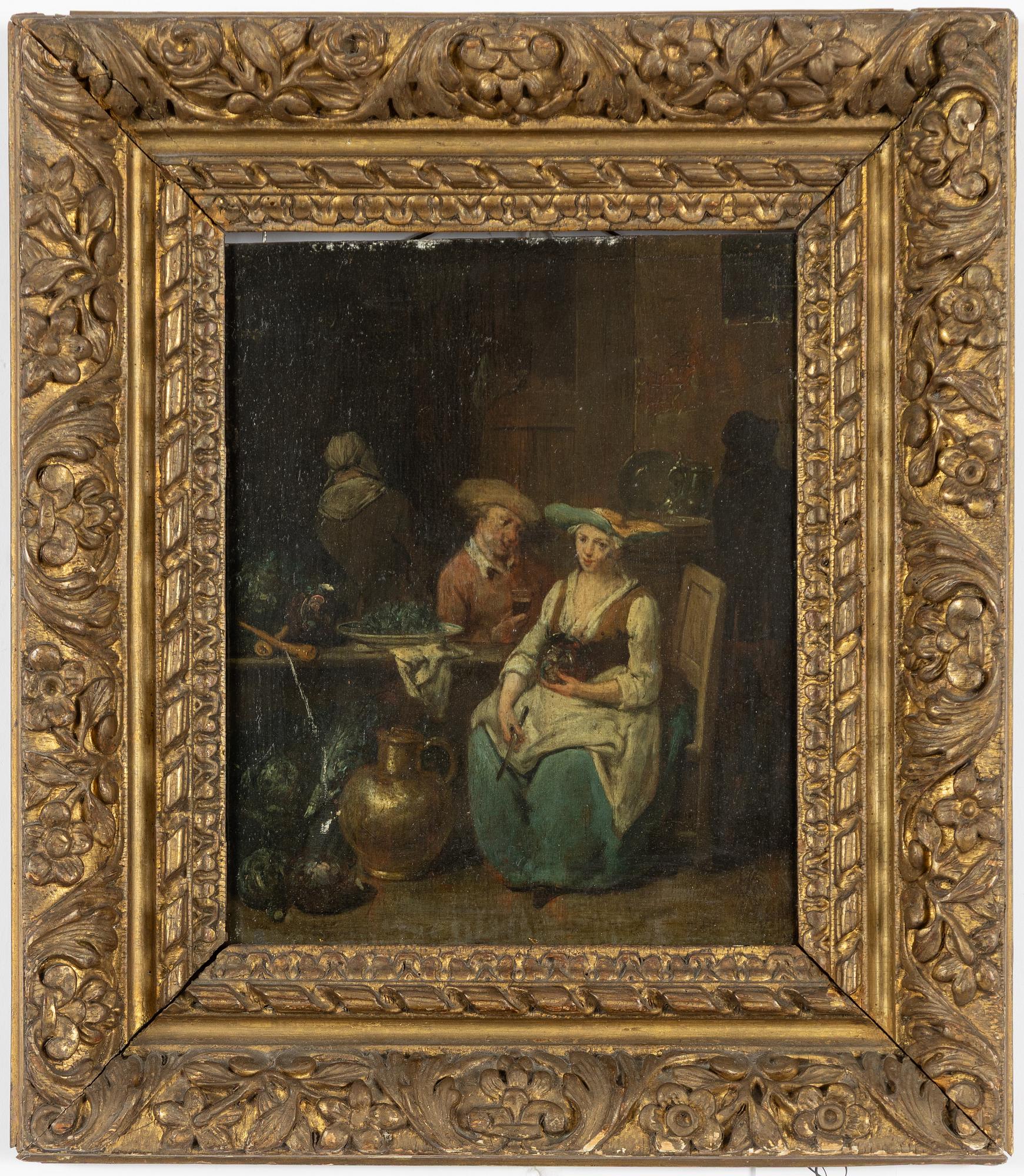 Jan Baptist Lambrechts, attributed to, Interior with a woman working in the kitchen and a man drinking wine.