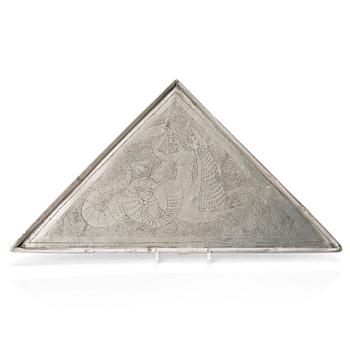 Anna Petrus, a Swedish Grace triangular engraved pewter plated copper tray, executed in her own workshop, Sweden ca 1924.