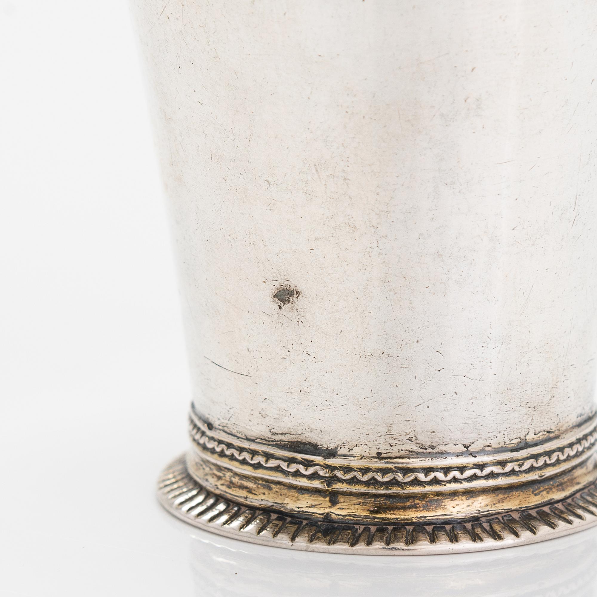 Two 18th-century Swedish silver beakers, Petter Zettersteen 1712-44 and Nils Orstedt, 1756.
