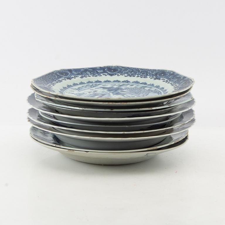 A group of 10 odd blue and white dinner plates, Qing dynasty, 18th/19th century.