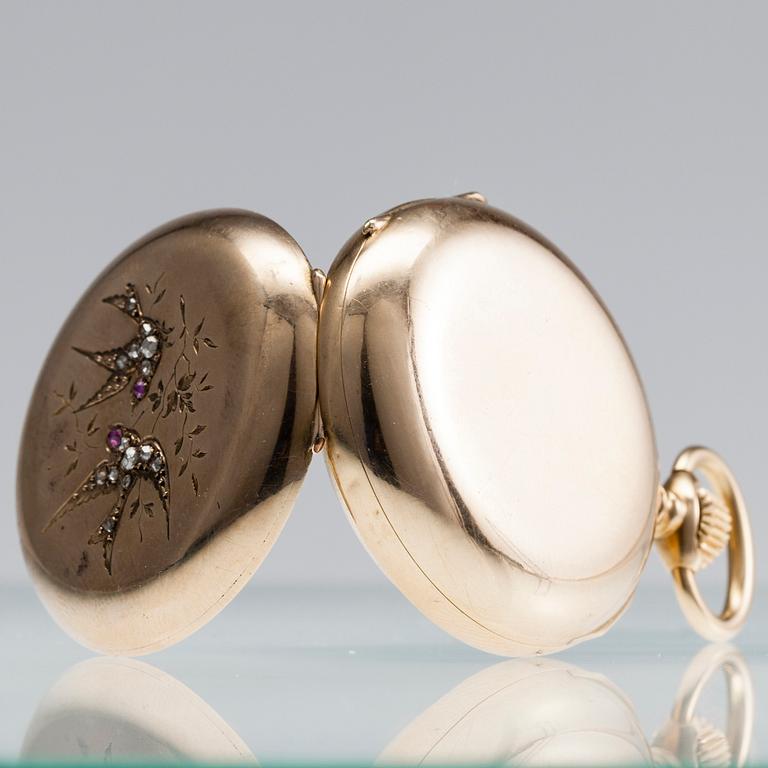 DAMUR / HÄNGE, 14K (56) guld, dubbelboett, Borel Neuchatel, I.E. Morosov etui.