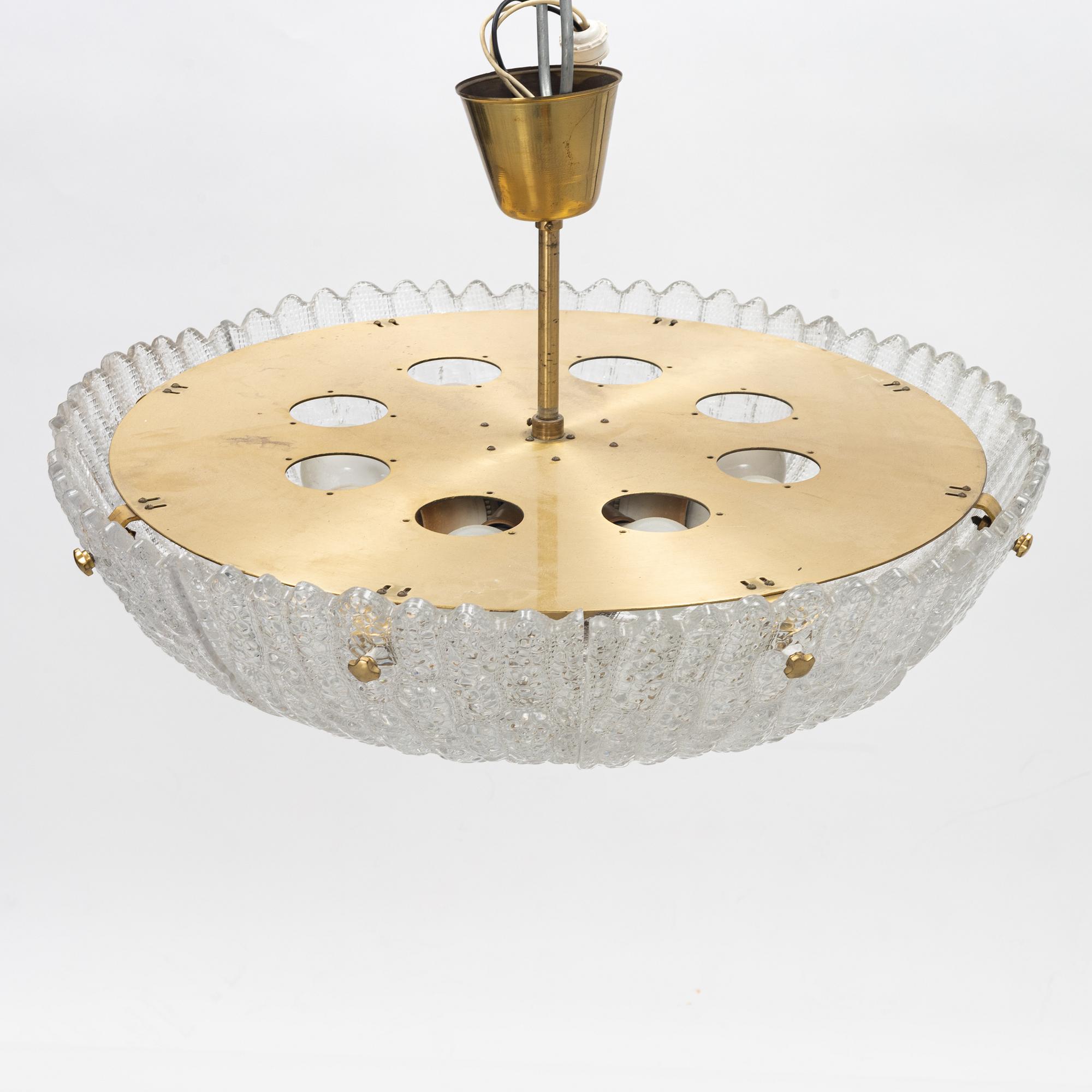 Carl Fagerberg, a glass and brass ceiling light, Orrefors.