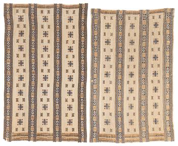 414. Märta Måås-Fjetterström, two drapes, "Blå essbård" (also called S-bård), flat weave, approximately 245-54 x 152-160 cm, signed MMF.