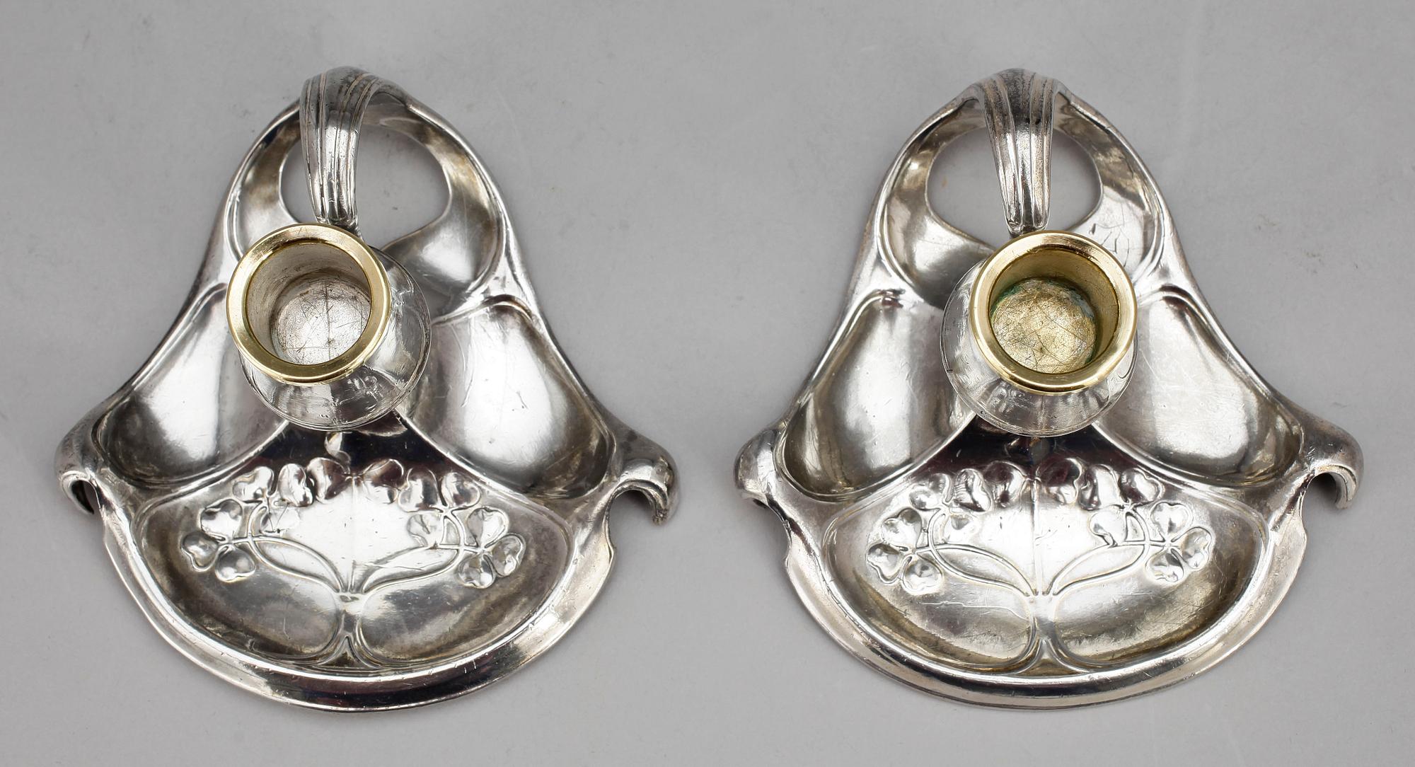 LJUSSTAKAR, 2 par, nysilver, Wurttembergische Metallwarenfabrik, jugend. Omkring 1900.