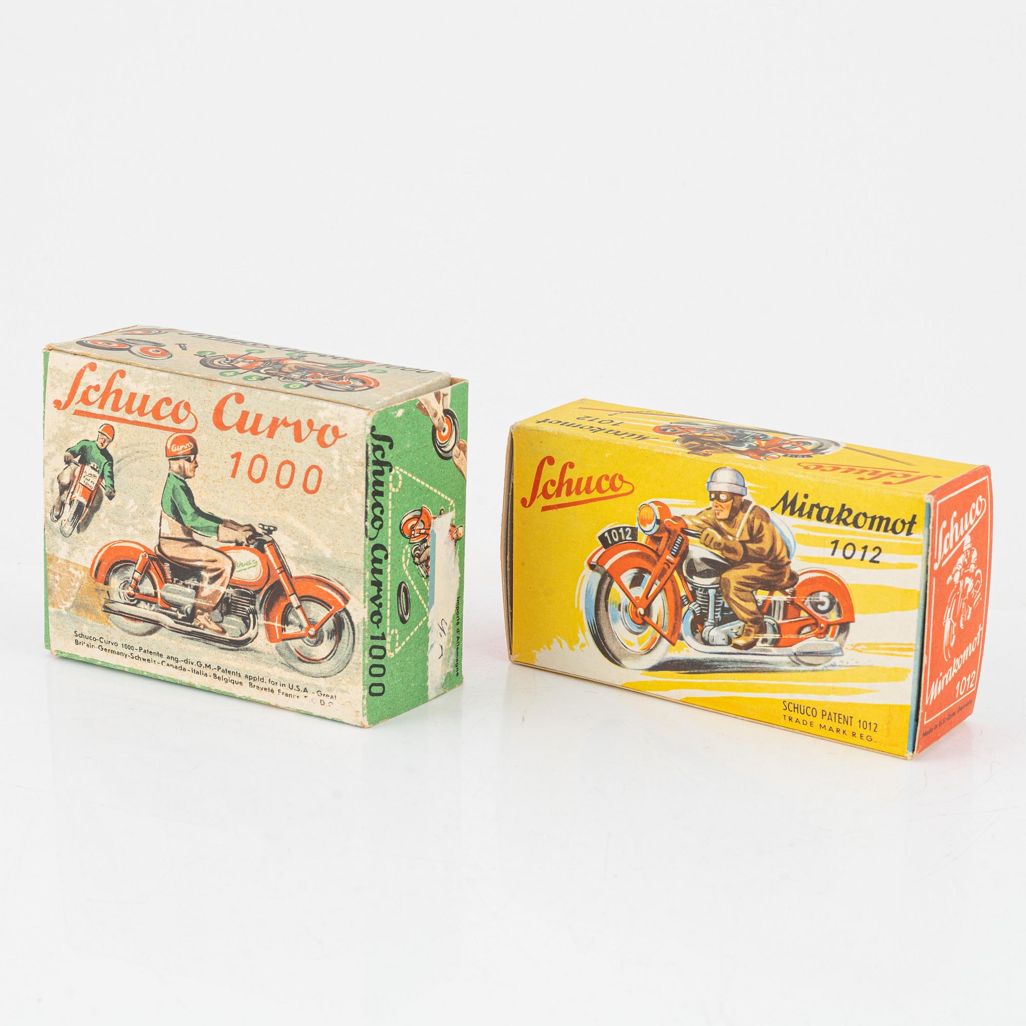 Schuco, motorcycles 2 pcs, "Mirakomot 102" and "Curvo 1000", Germany, mid-20th century.