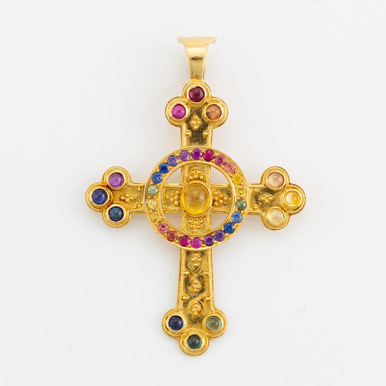 Multi coloured sapphire and ruby cross pendant.