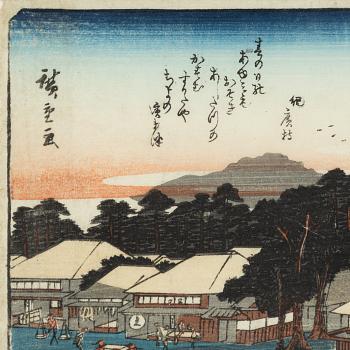 Ando Hiroshige and Utagawa II Kunisada, after, two woodblock prints.