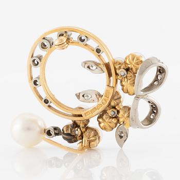Brooch, K. Torndal, 18K gold with pearls and brilliant-cut diamonds, clasp with larger pearl.