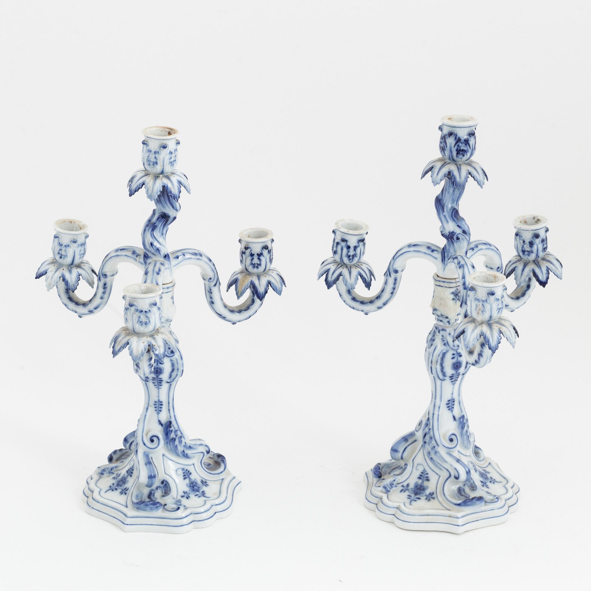 A pair of rococo style porcelain candelabras, Meissen, Germany, early 20th century.