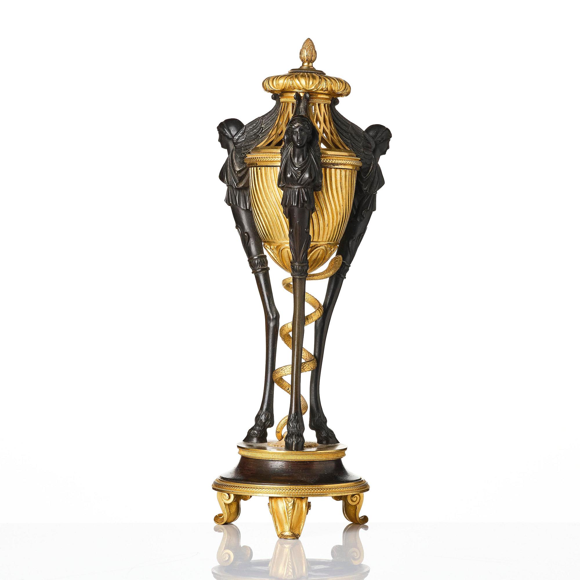 A French gilt and patinated bronze Empire-style brûle-parfum, later part 19th century.