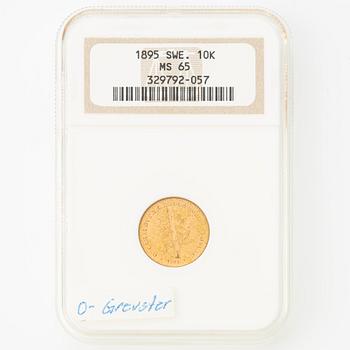 Gold coin, Oscar II, 10 kronor, type II, Sweden 1895.