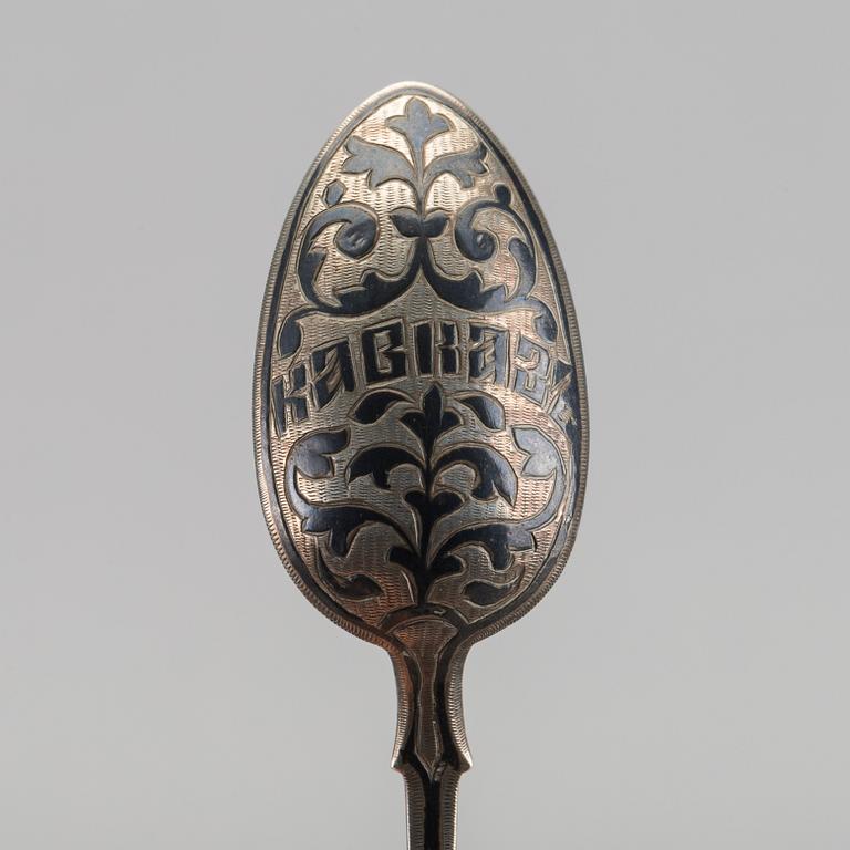 A set of six Russian silver and enamel spoons, around 1900 weight ca 195 gr.