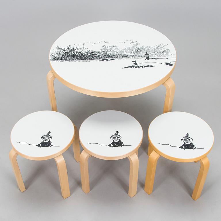 Alvar Aalto, Lastenkaluste, 3 osaa,  pöytä ja jakkaroita 3 kpl, yhteistyö Moomin Characters 2013.