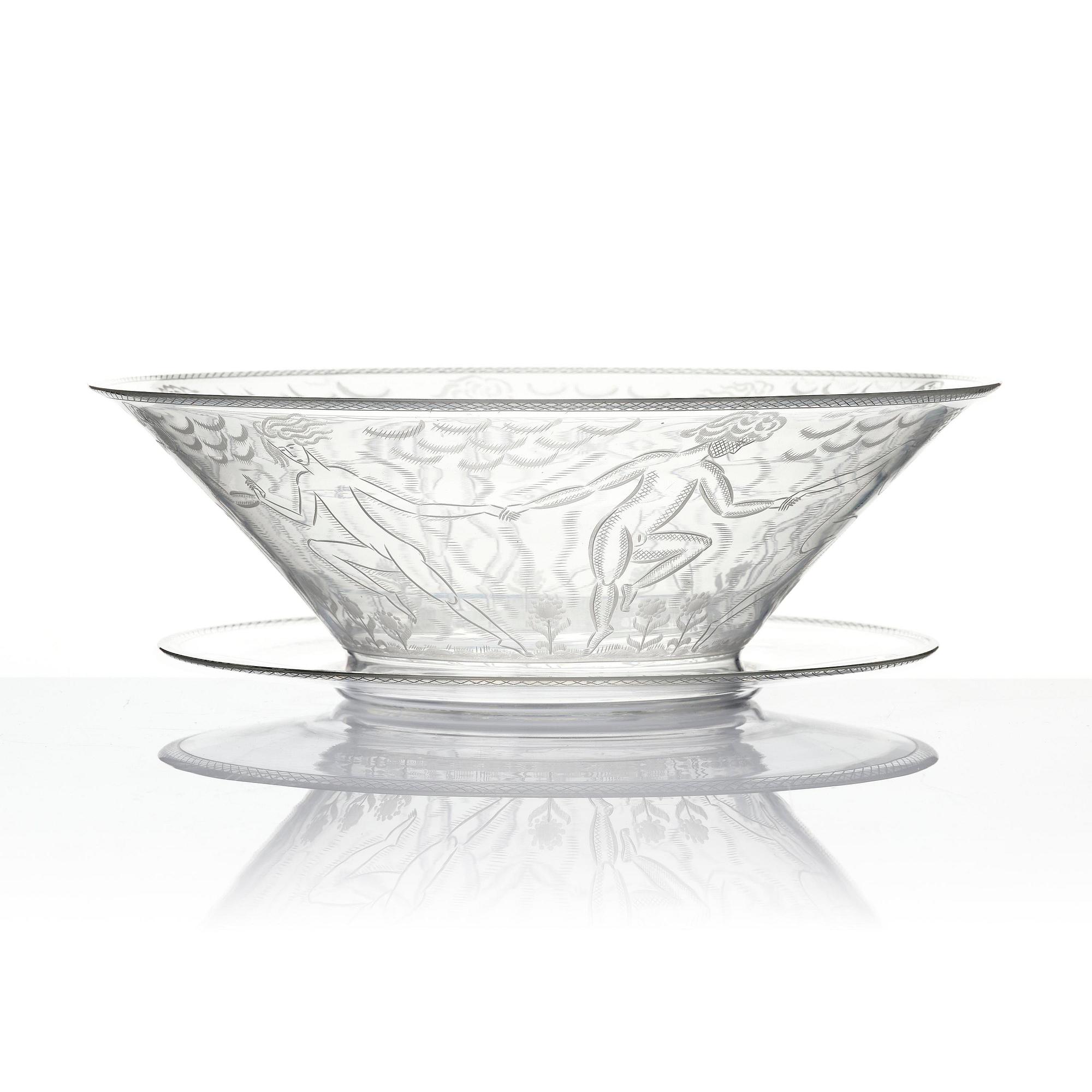 Edward Hald, an engraved glass bowl with plate, Orrefors, Sweden, 1926, model 305, engraved by Emil Goldmann.