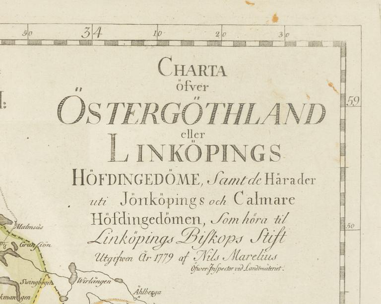 A map, hand-coloured copper engraving, Nils Marelius, 1779.