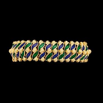 964. A green and blue enamel bracelet. Italy.
