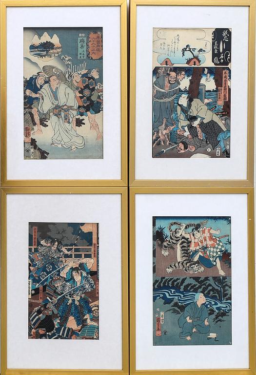 Four woodcuts, Kunyoshi, after, and Yoshitora, after, Japan 19th century.