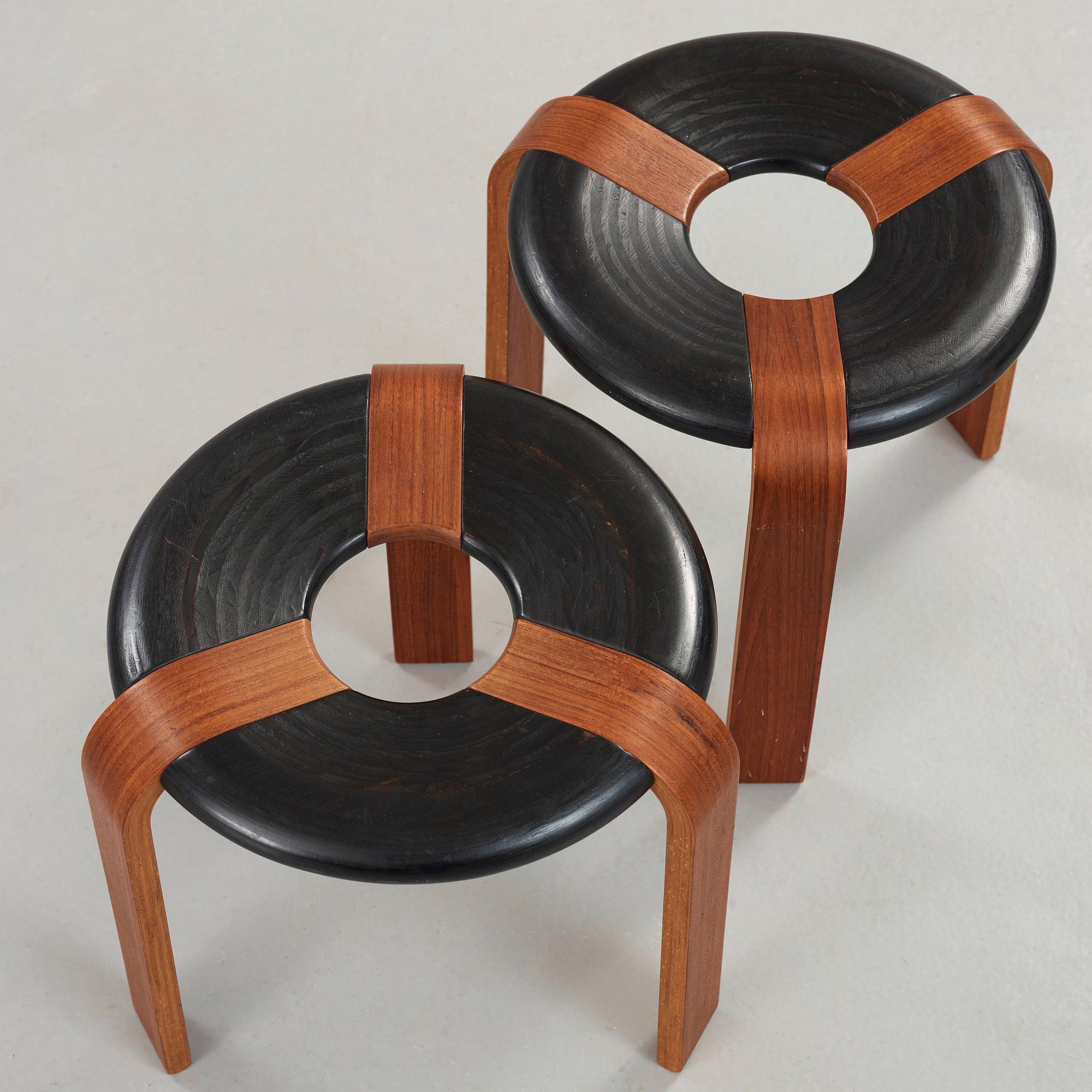 Rud Thygesen, a pair of teak and black lacquered stools, Magnus Olesen, Denmark 1970's.