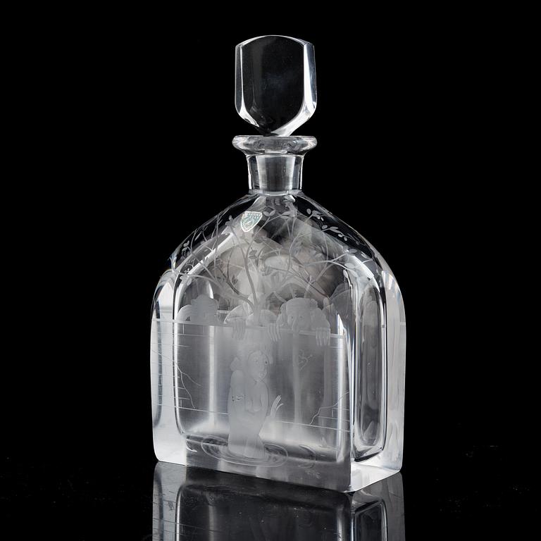 EDWARD HALD, an engraved bottle with stopper Orrefors, Sweden, model 1230.