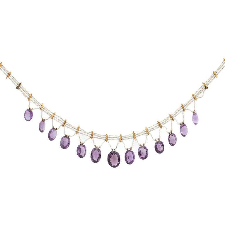 Necklace, 18k gold with amethysts and seed pearls.