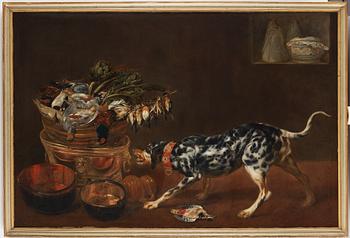 Paul de Vos Attributed to, Kitchen interiör with dog, cat and birds.