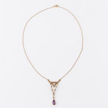 Necklace, 14K gold with amethyst and seed pearls.