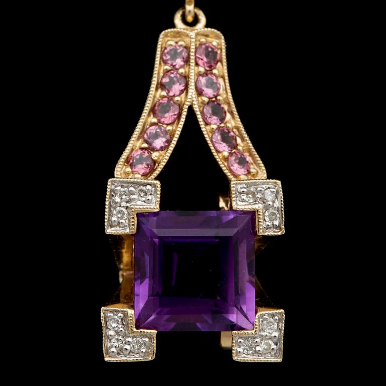 ÖRHÄNGEN, ett par, 14k guld, ametister, rosa turmaliner, diamanter tot ca1,06ct, USA, 1900-talets slut. Vikt 15,2g.